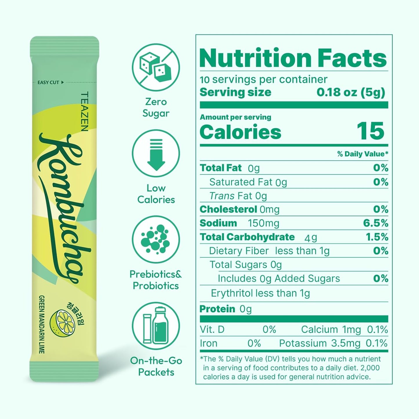 Té Kombucha de mandarina verde y lima TEAZEN, 10 sobres, 50 g