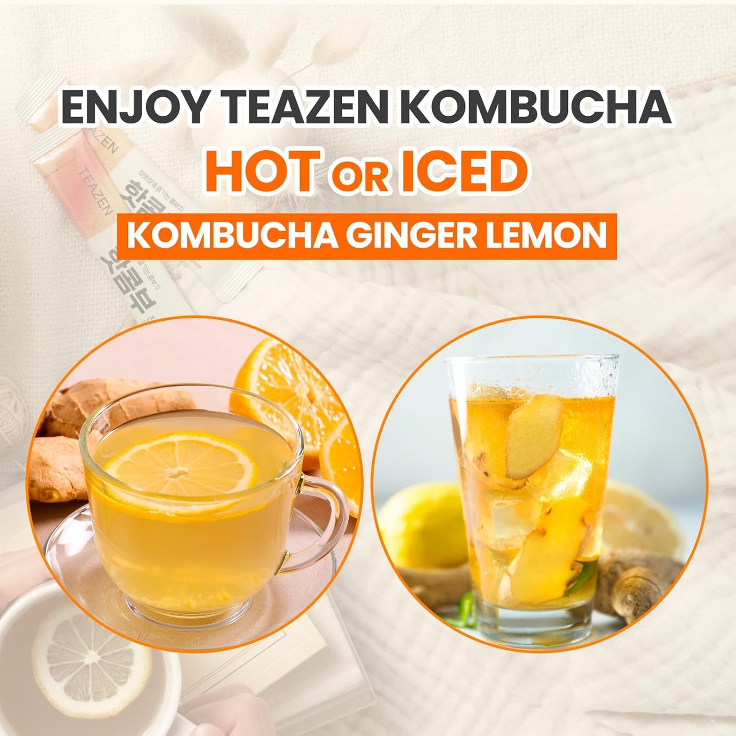 TEAZEN Lemon Ginger Hot Kombucha Tea, 30 Sticks