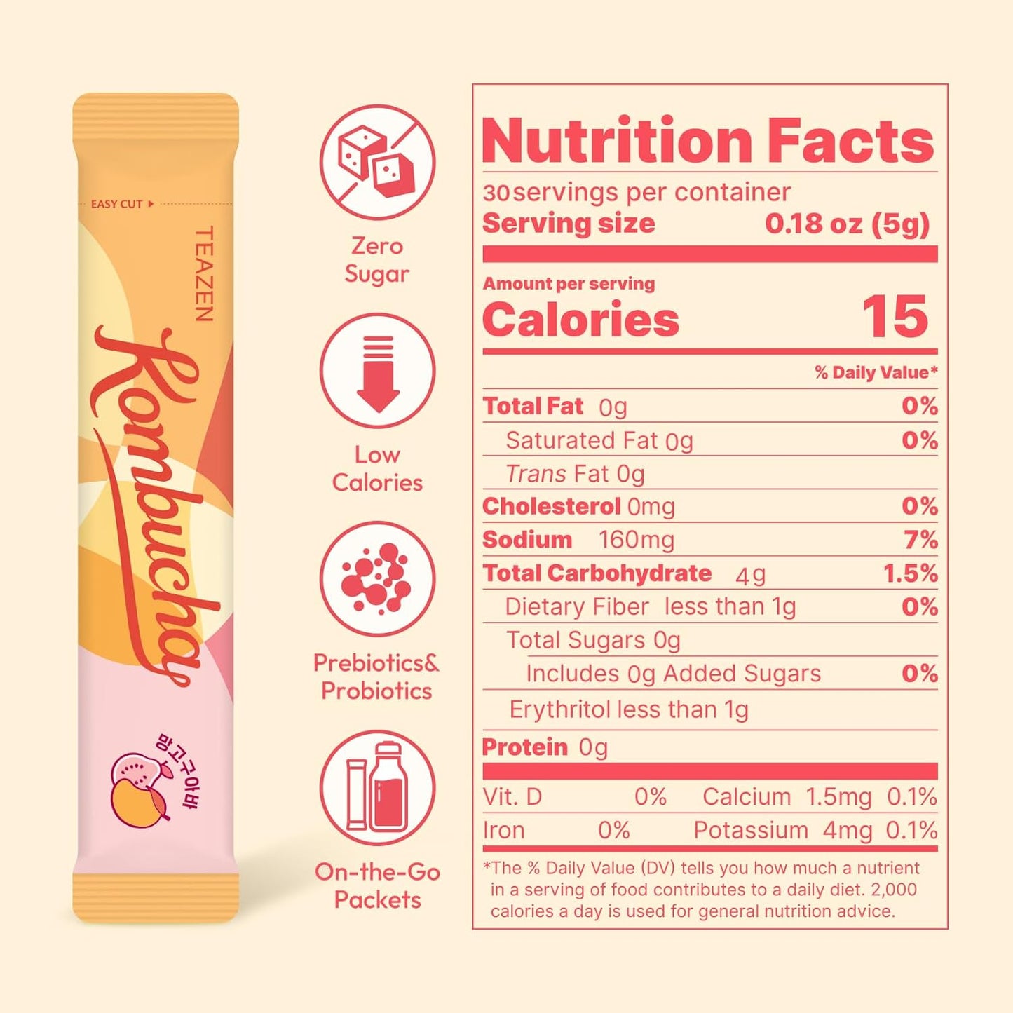 TEAZEN Té Kombucha de Mango y Guayaba 30 Sticks, 5.29oz