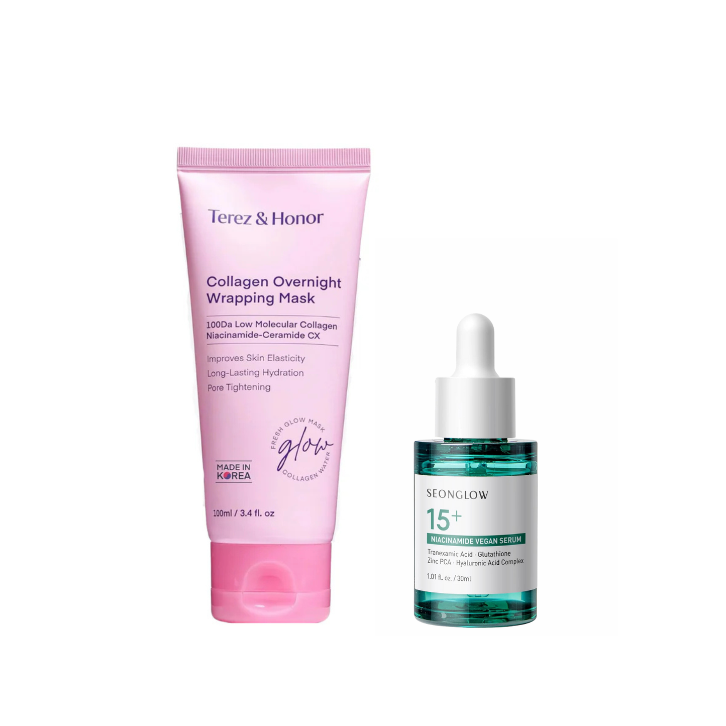 Night Repair Duo | Terez & Honor Collagen Night Wrapping Peel-Off Mask + SEONGLOW Vegan Niacinamide Tranexamic Acid Serum