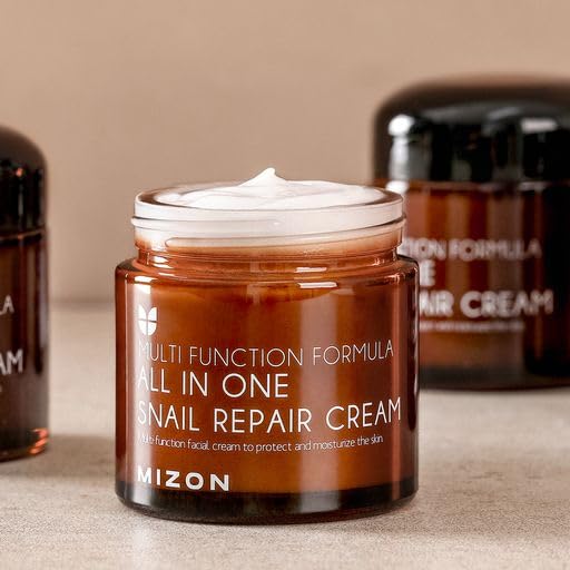 MIZON Set completo de cuidado facial coreano: Crema reparadora de baba de caracol, Ampolla intensiva reparadora de baba de caracol, Limpiador facial en espuma reparador de baba de caracol y Crema para el contorno de ojos reparadora de baba de caracol. 