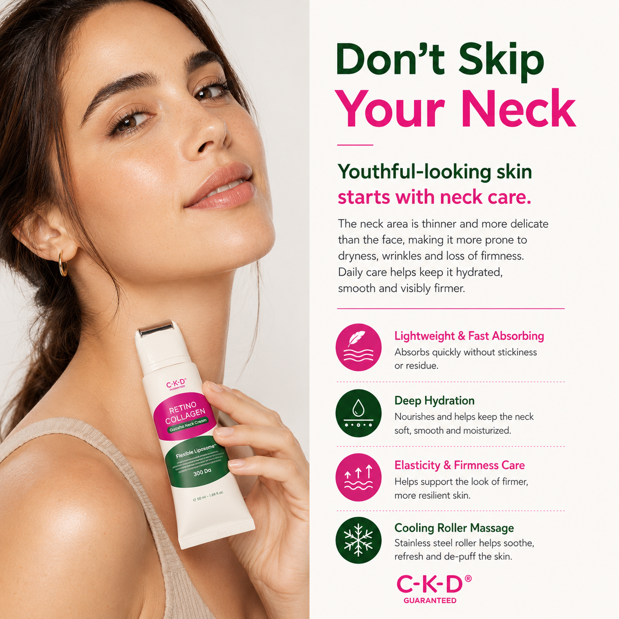 CKD Retino Collagen Gua Sha Neck Cream with Stainless Steel Roller, 1.69 fl oz