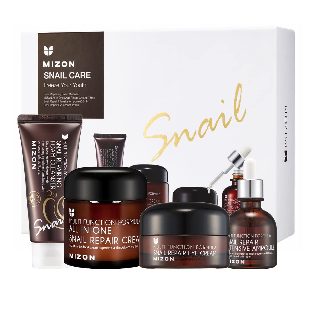 MIZON Set completo de cuidado facial coreano: Crema reparadora de baba de caracol, Ampolla intensiva reparadora de baba de caracol, Limpiador facial en espuma reparador de baba de caracol y Crema para el contorno de ojos reparadora de baba de caracol. 