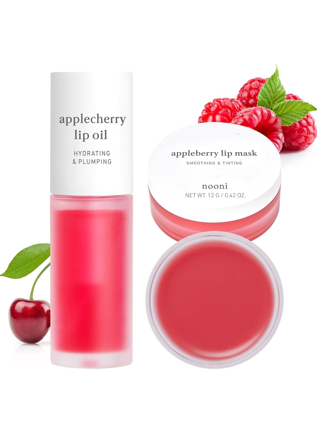 NOONI Aceite labial vegano coreano - Manzana y cereza, 3.5 ml + Manteca labial con tinte coreano Appleberry, 1.2 g 