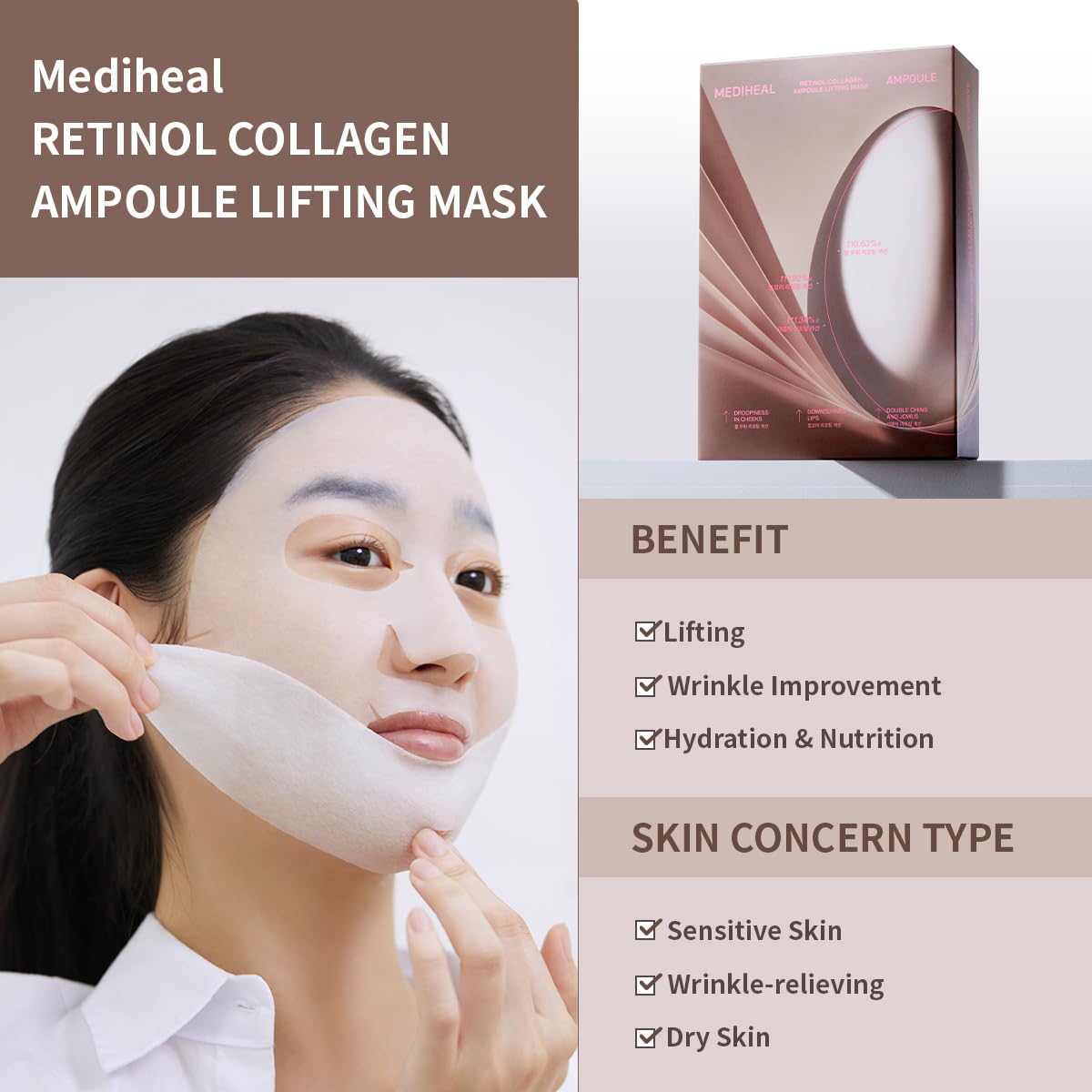 Mediheal Retinol Collagen Ampoule Lifting Mask (10 Counts) for V Line Mask, Anti-Aging