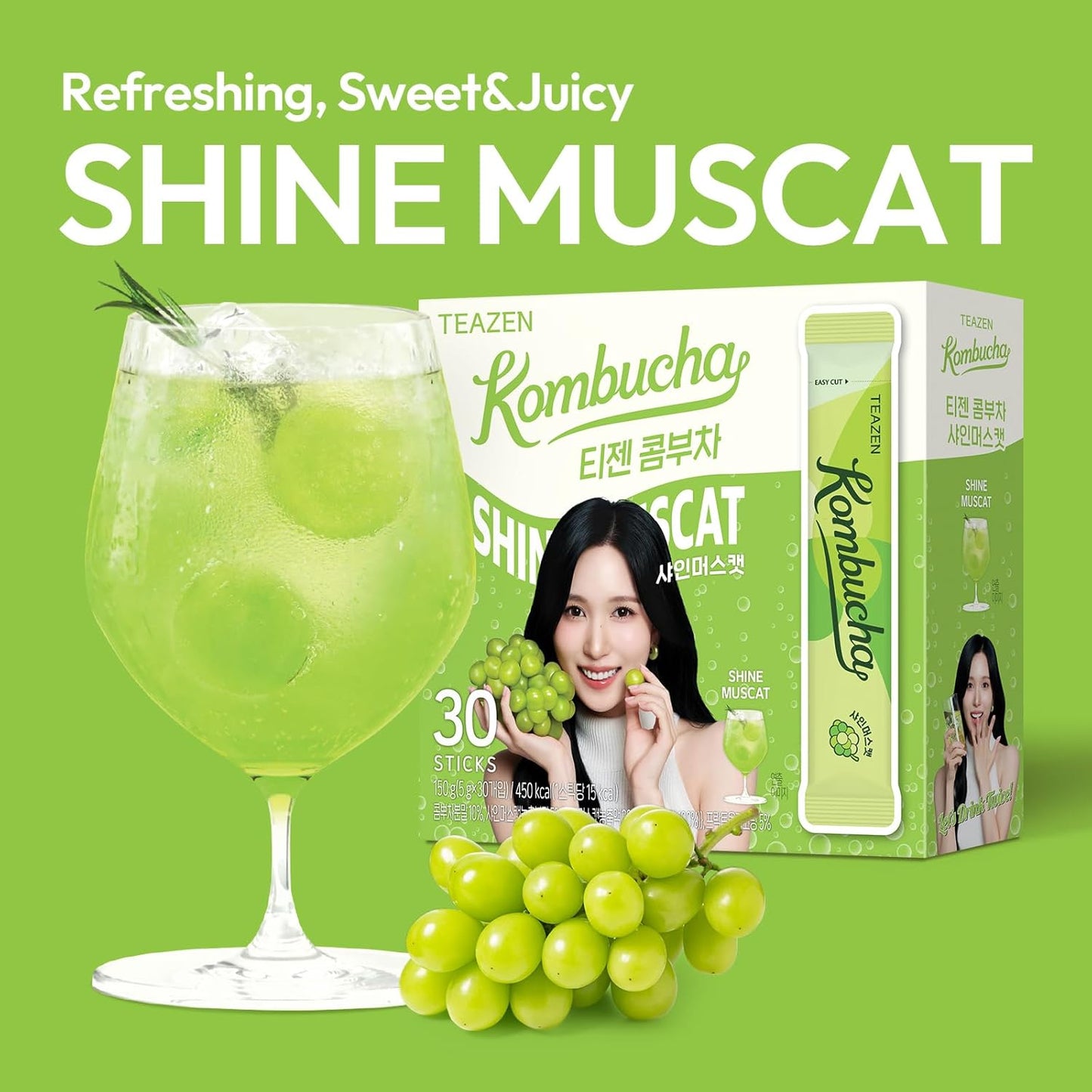 TEAZEN Shine Muscat Bubuk Kombucha 30 Paket, 5.29oz