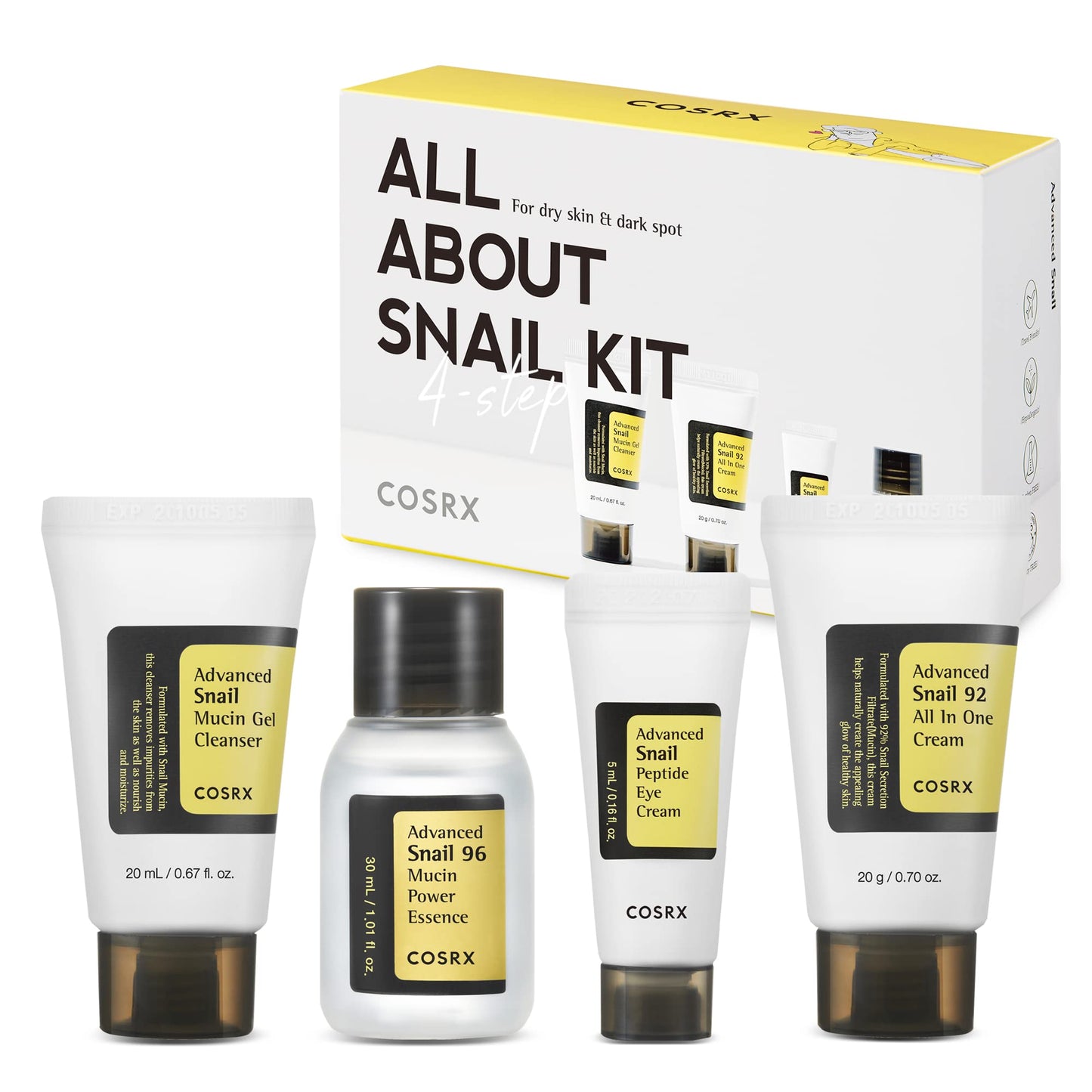 COSRX All About Snail Mucin Korean Skin Care Set, Travel Size Gift Set with Snail Mucin Face Wash, Serum, Moisturizer & Eye Cream