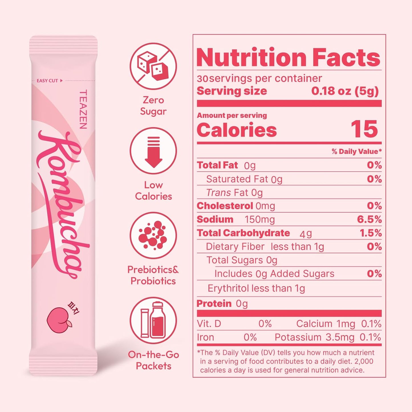 TEAZEN Peach Kombucha Tea 30 Sticks, 5.29oz