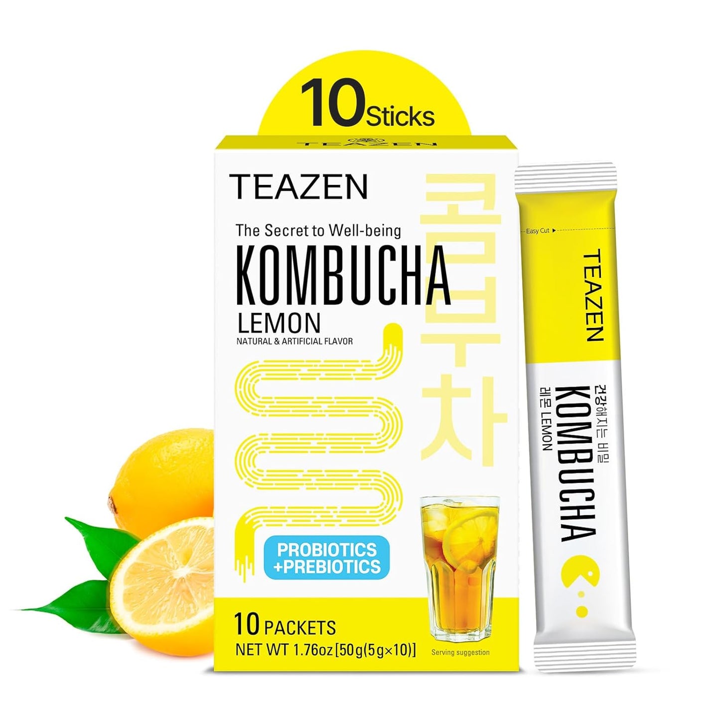 TEAZEN Lemon Kombucha Tea 10 Sticks, 1.76oz
