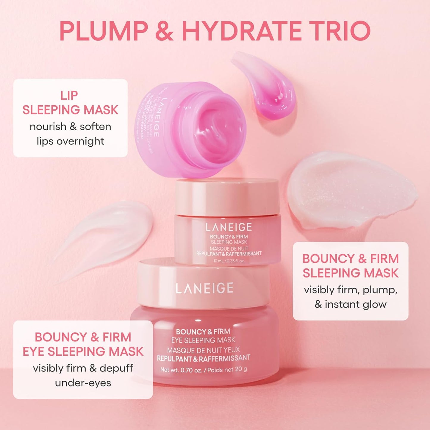 Trío de mascarillas nocturnas para ojos y labios LANEIGE Plump+Hydrate 