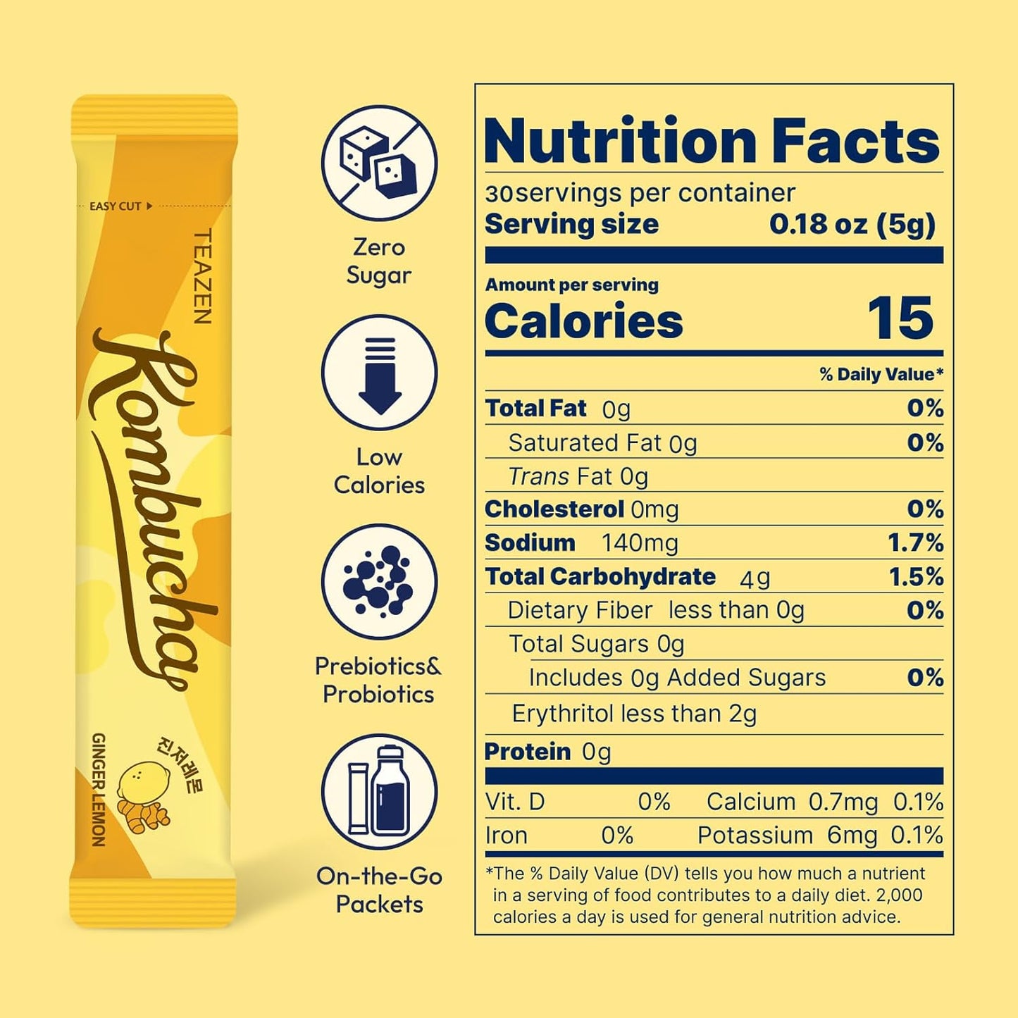 Té kombucha caliente de limón y jengibre TEAZEN, 30 sobres 