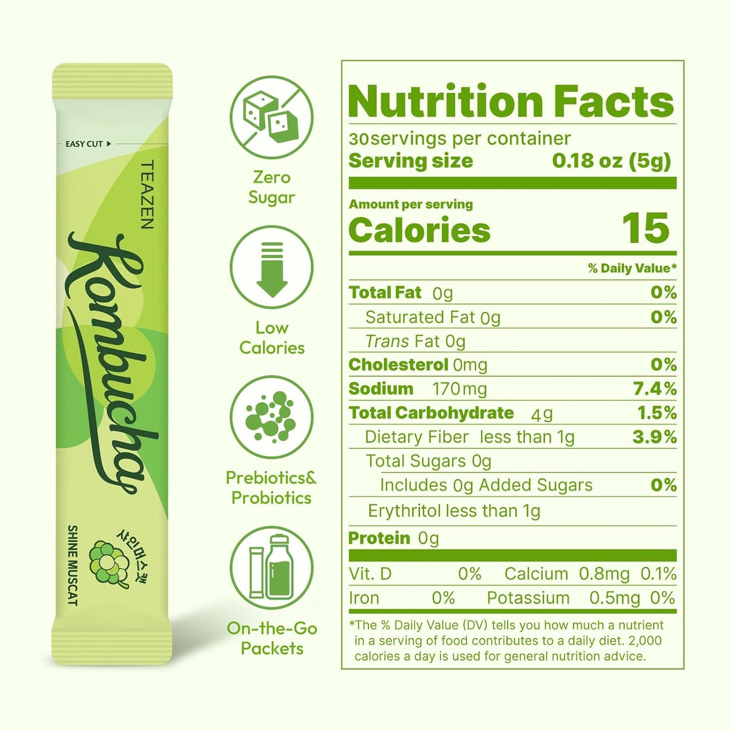 TEAZEN Shine Muscat Bubuk Kombucha 30 Paket, 5.29oz