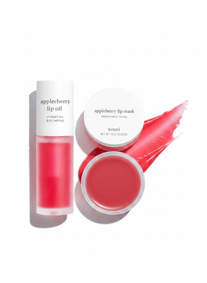 NOONI Korean Vegan Lip Oil - Appleginseng, 0.12 Fl Oz + Korean Lip Butter Melting Balm (Appleberry) Lip Mask Bundle