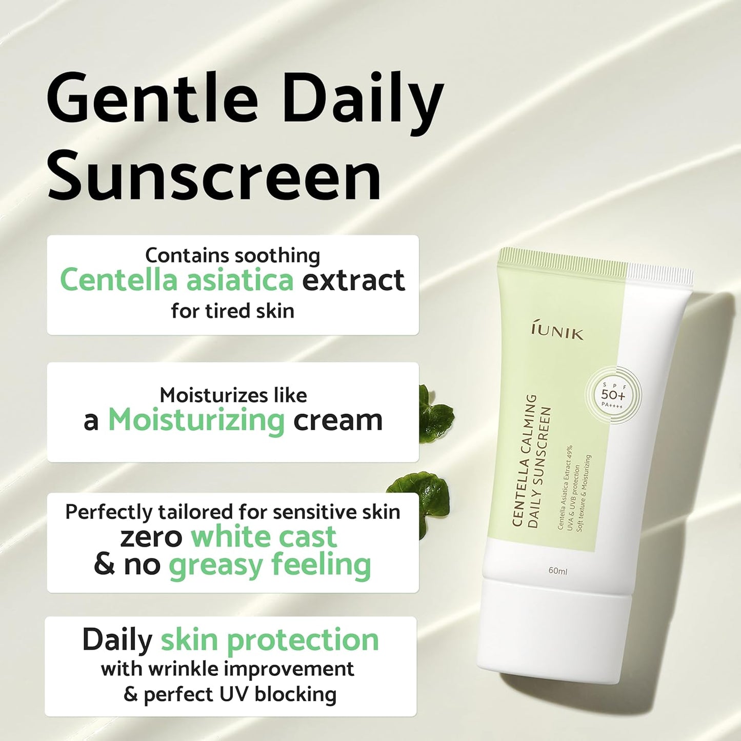 IUNIK Centella Calming Moisture Daily Sunscreen SPF 50+ PA++++ (2.03 Fl.Oz/ 60ml)