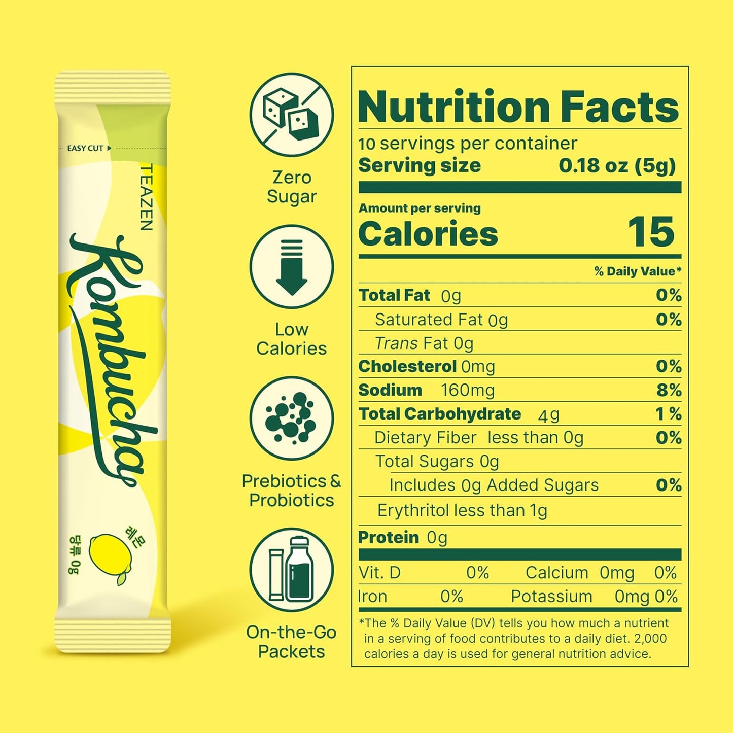 TEAZEN Lemon Kombucha Tea 10 Sticks, 1.76oz