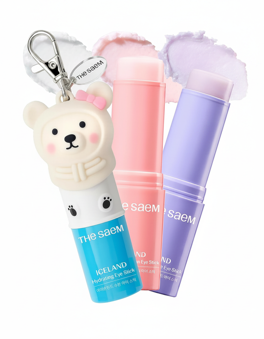 THESAEM Iceland Hydrating Eye Stick 3-Pack Set with Cute Bear Keyring