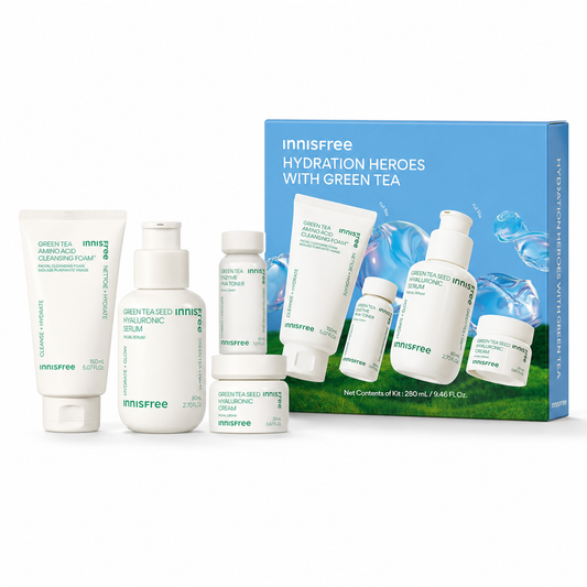 innisfree Green Tea Seed Hydrating Serum with Hyaluronic Cream, Toner, Cleansing foam