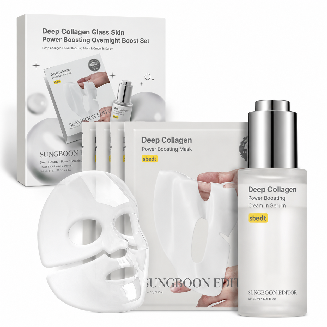SUNGBOON EDITOR Rejuvenating Combo/Deep Collagen Boost Set | Face Mask (4ea) & Serum | Collagen & Volufiline Skincare Set