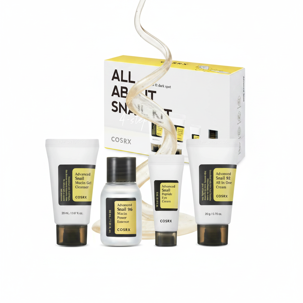 COSRX All About Snail Mucin Korean Skin Care Set, Travel Size Gift Set with Snail Mucin Face Wash, Serum, Moisturizer & Eye Cream