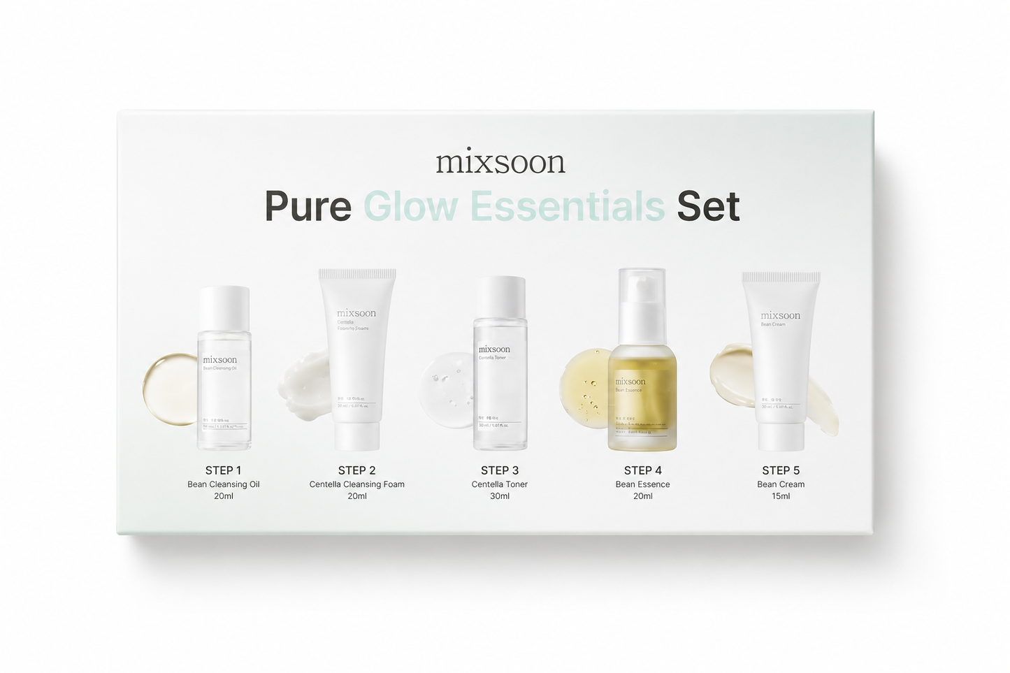 mixsoon Pure Glow Essentials Set- Travel kit, Cleansing Oil, Foam, Toner, Essence, Cream (15ml*1+20ml*3+30ml*1)