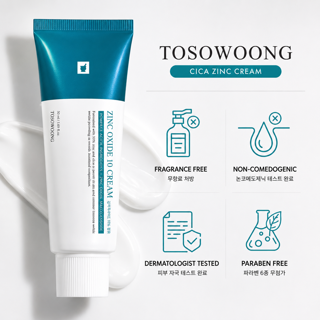 TOSOWOONG SOS Repair CICA Clinic Zinc Cream, 100,000ppm Zinc Oxide, 50g, 1.76 oz.