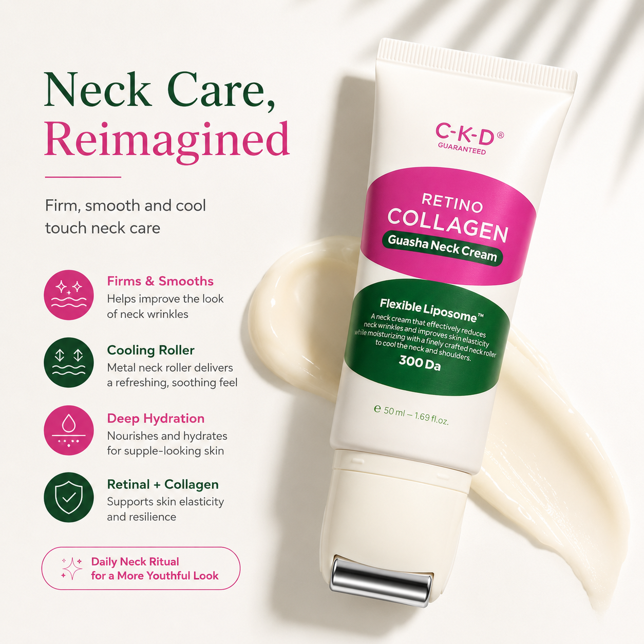 CKD Retino Collagen Gua Sha Neck Cream with Stainless Steel Roller, 1.69 fl oz