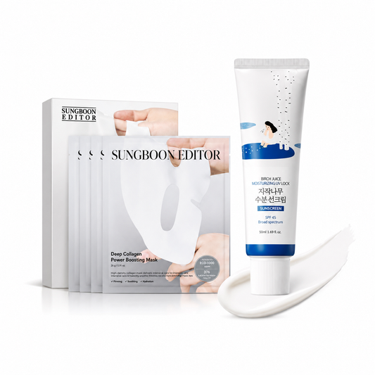 Day & Night Balance Duo | ROUND LAB Birch Juice UV SPF 45 + SUNGBOON EDITOR Deep Collagen Overnight mask